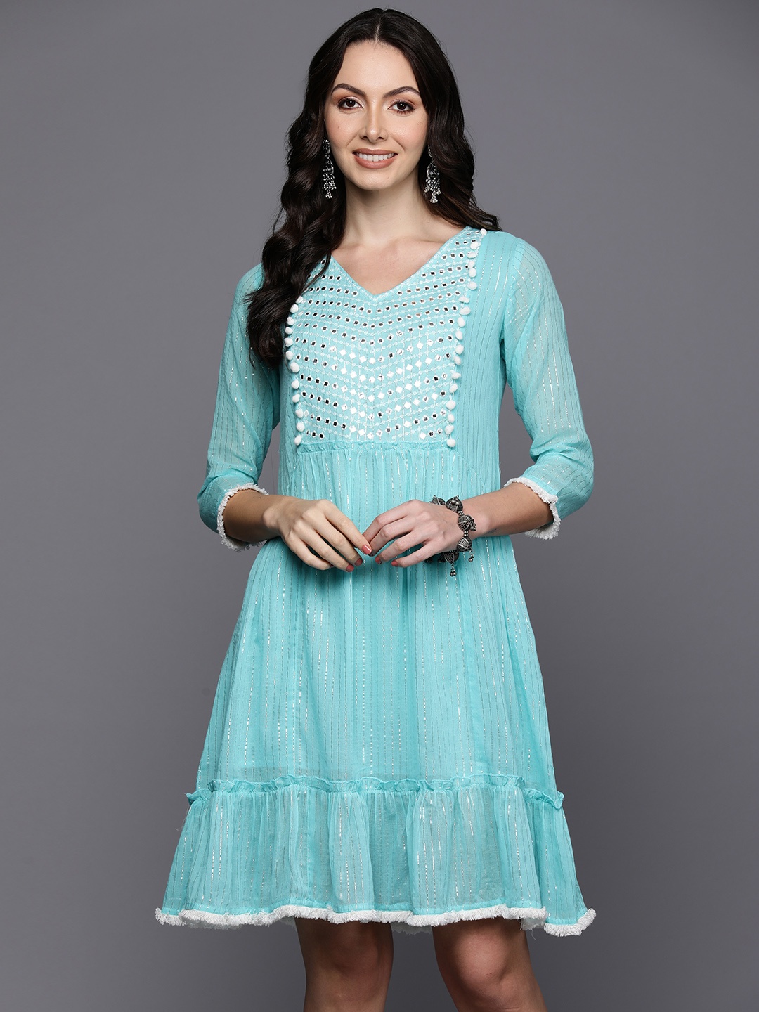 

Indo Era Striped Embroidered & Mirror Work Detail A-Line Dress, Blue