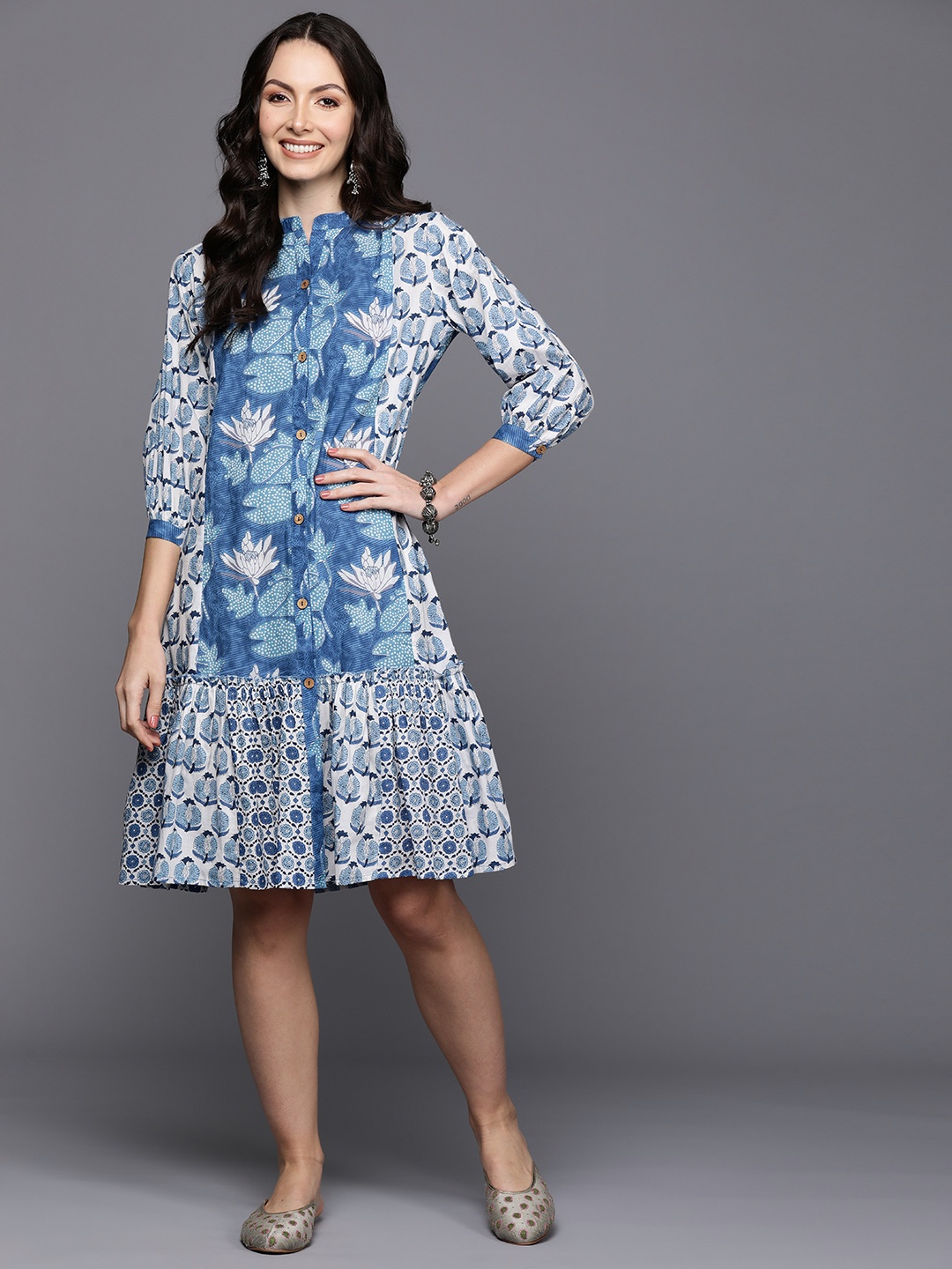 

Indo Era Floral Printed Gathered Detail A-Line Dress, Blue