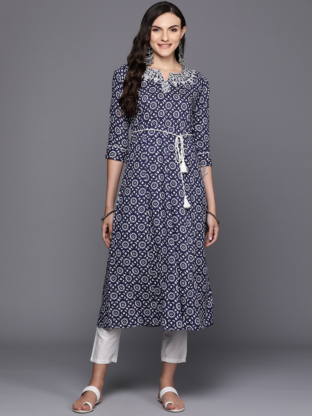 

Indo Era Ethnic Motifs Printed Mirror Work & Embroidered Detail A-Line Kurta with Belt, Navy blue