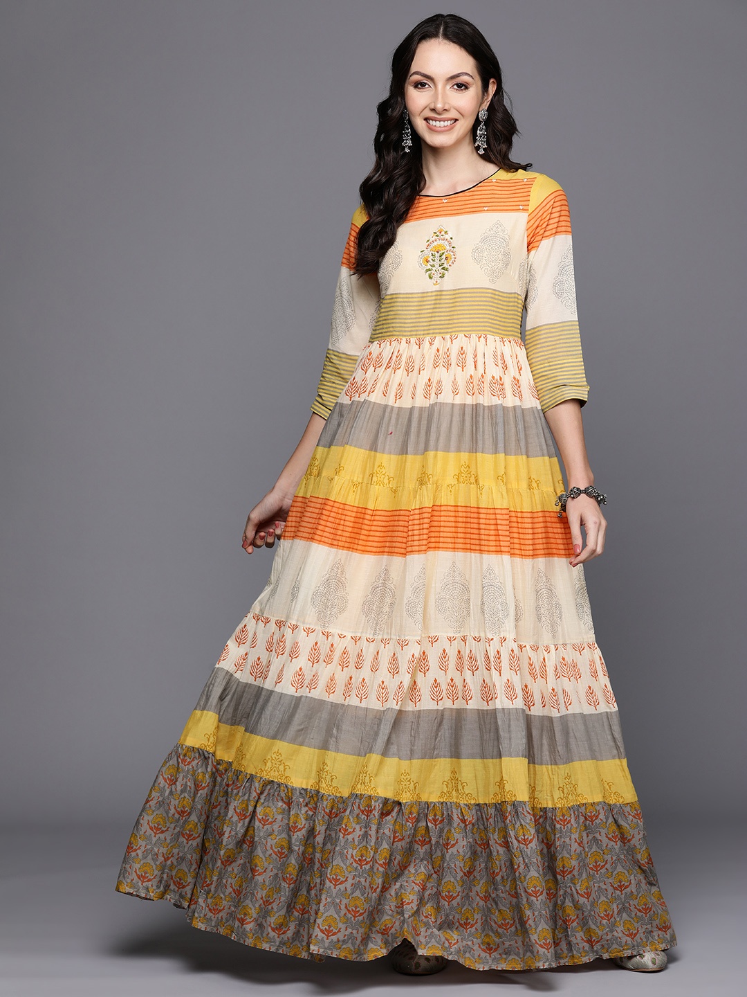 

Indo Era Ethnic Motifs Printed Tiered Maxi Dress with Embroidered Detail, Multi