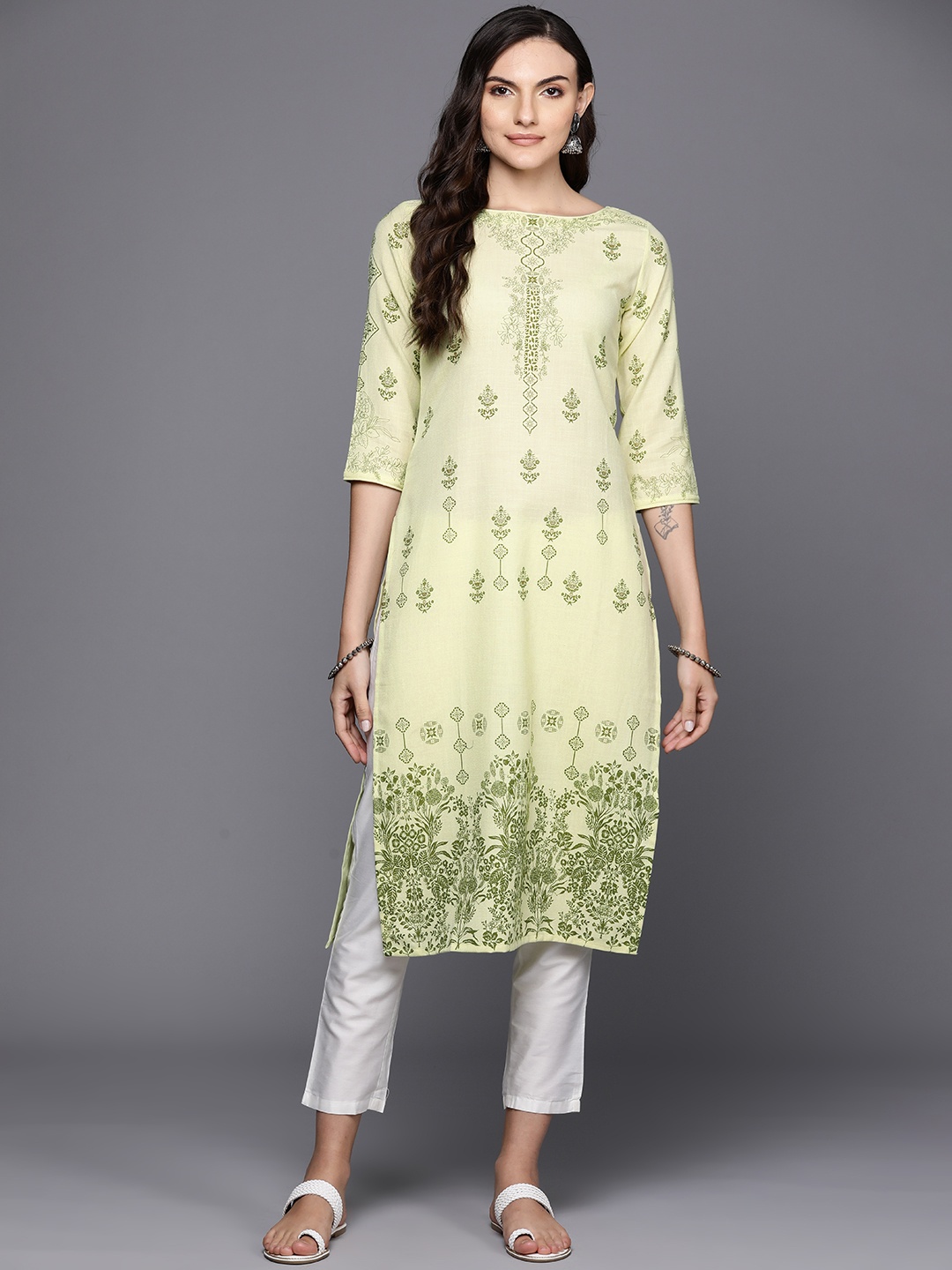 

Indo Era Ethnic Motifs Foil Printed Straight Kurta, Green