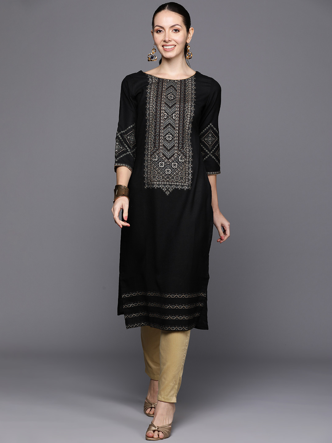 

Indo Era Ethnic Motifs Foil Printed Straight Kurta, Black