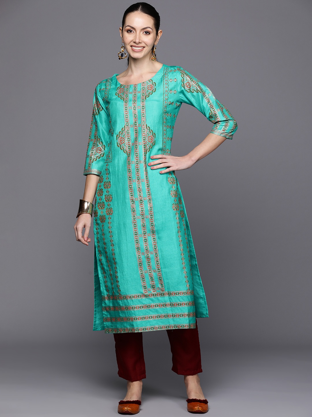 

Indo Era Ethnic Motifs Printed Straight Kurta, Green