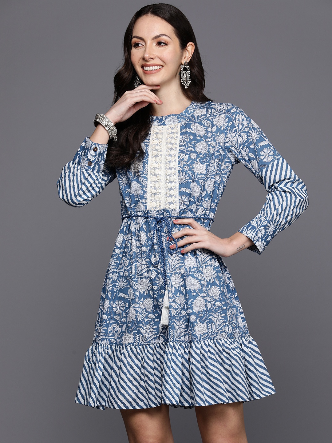 

Indo Era Floral Printed Embroidered & Belted Detail A-Line Dress, Blue