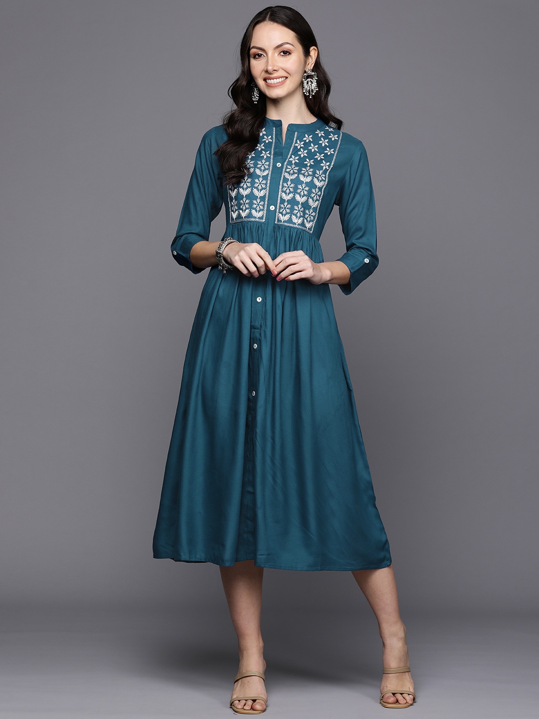 

Indo Era Floral Embroidered Gathered Detail Midi Empire Dress, Blue