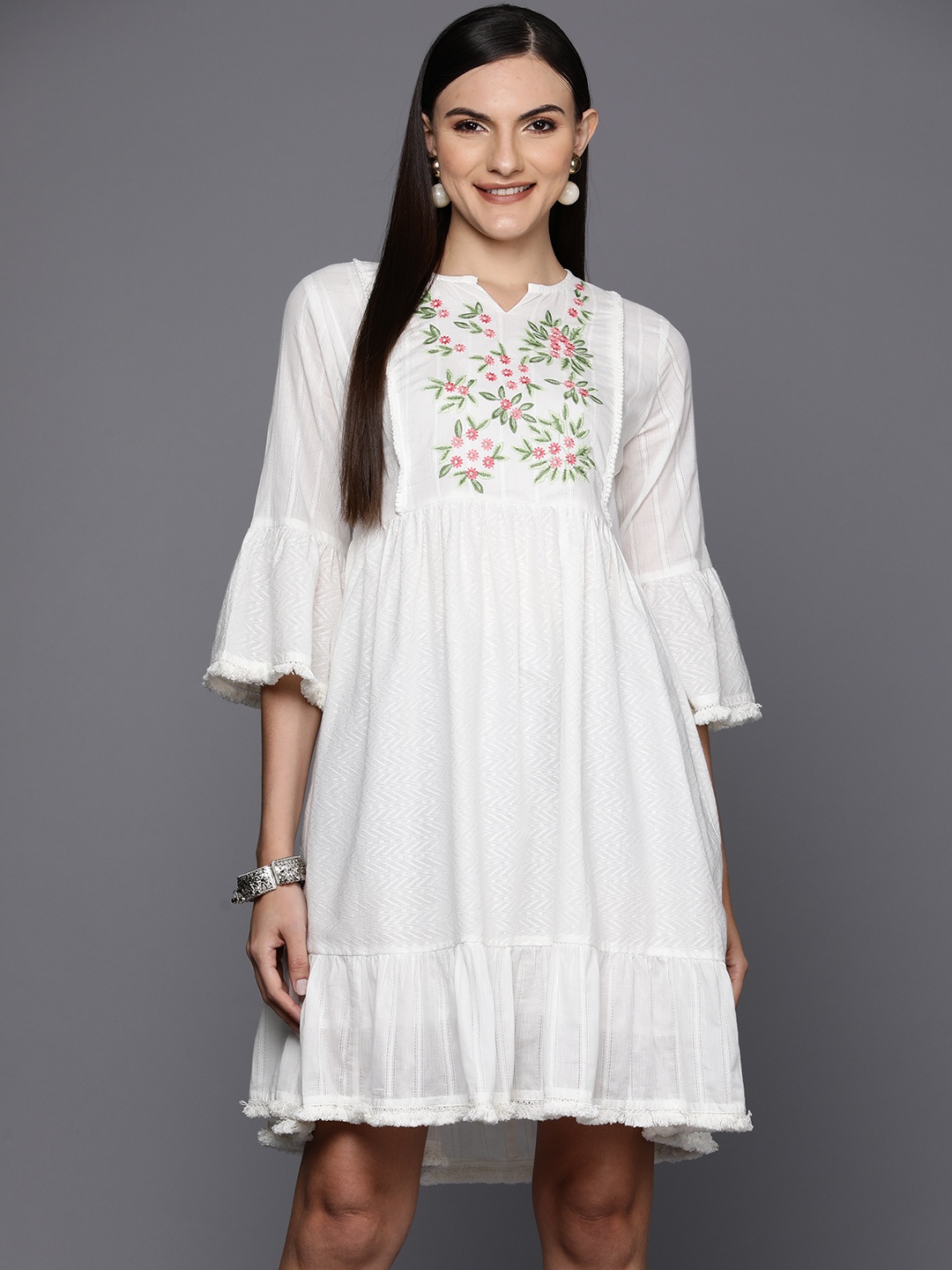 

Indo Era Floral & Chevron Embroidered Gathered Detail A-Line Dress, White