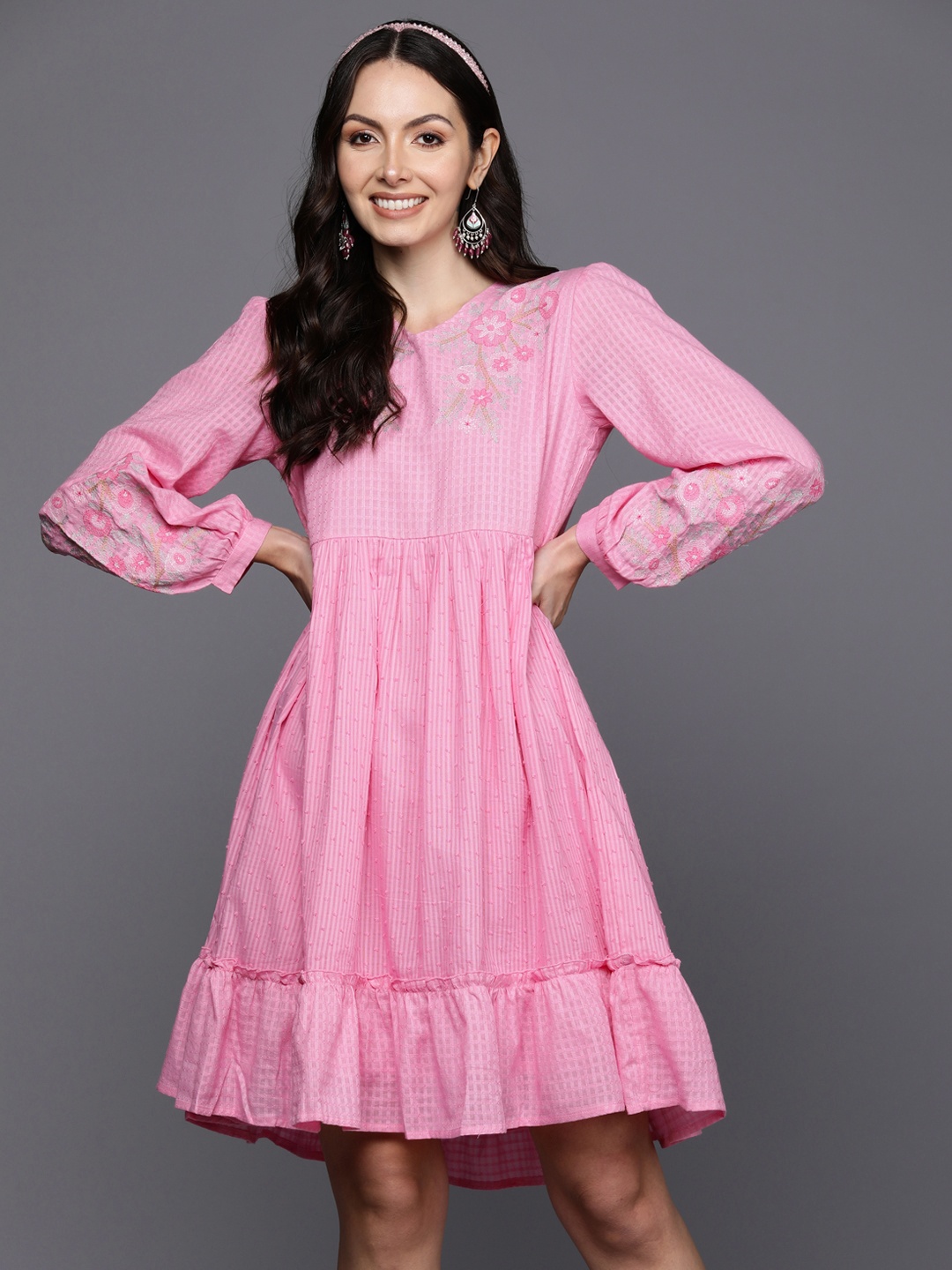 

Indo Era Floral Embroidered Gathered Detail Dobby Weave A-Line Dress, Pink