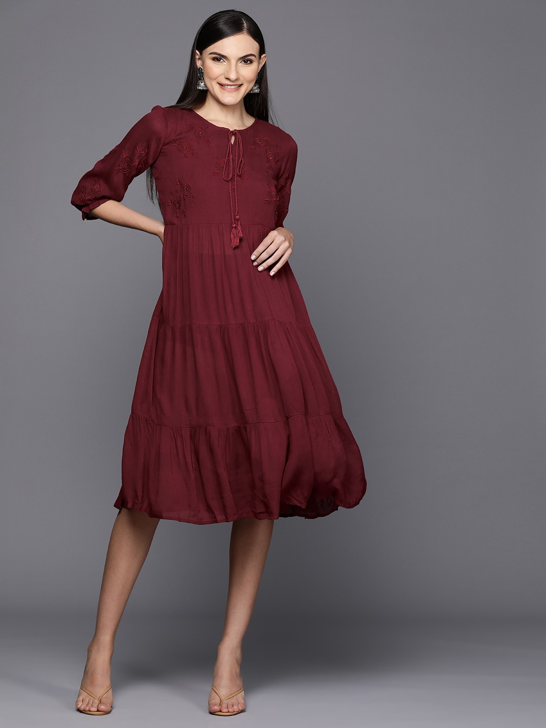 

Indo Era Floral Embroidered Gathered Detail Tiered A-Line Midi Dress, Maroon
