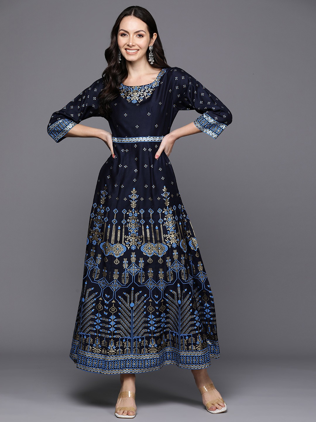 

Indo Era Ethnic Motifs Foil Printed Belted Detail Maxi A-Line Dress, Navy blue