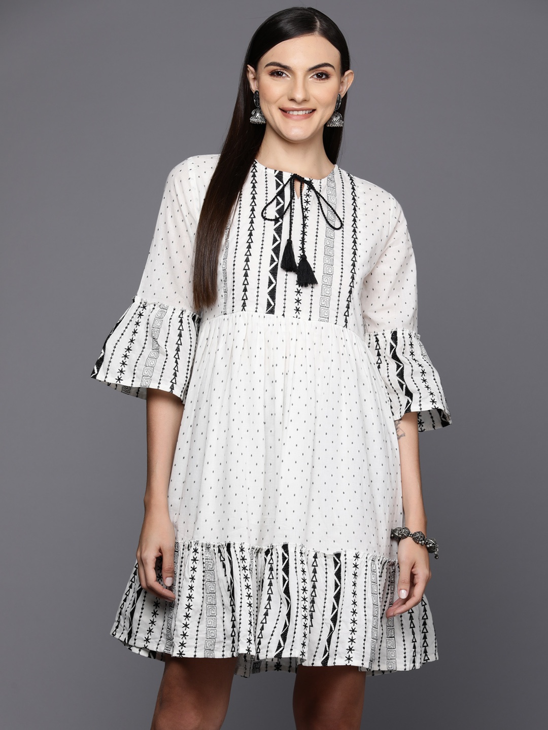 

Indo Era Micro Ditsy Printed Embroidered Detail Gathered Detail Empire Dress, White