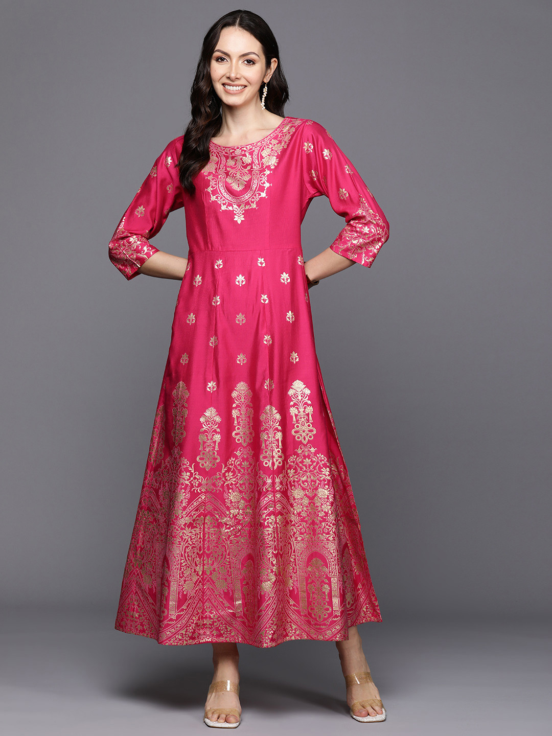 

Indo Era Ethnic Motifs Print Liva A-Line Maxi Dress, Pink