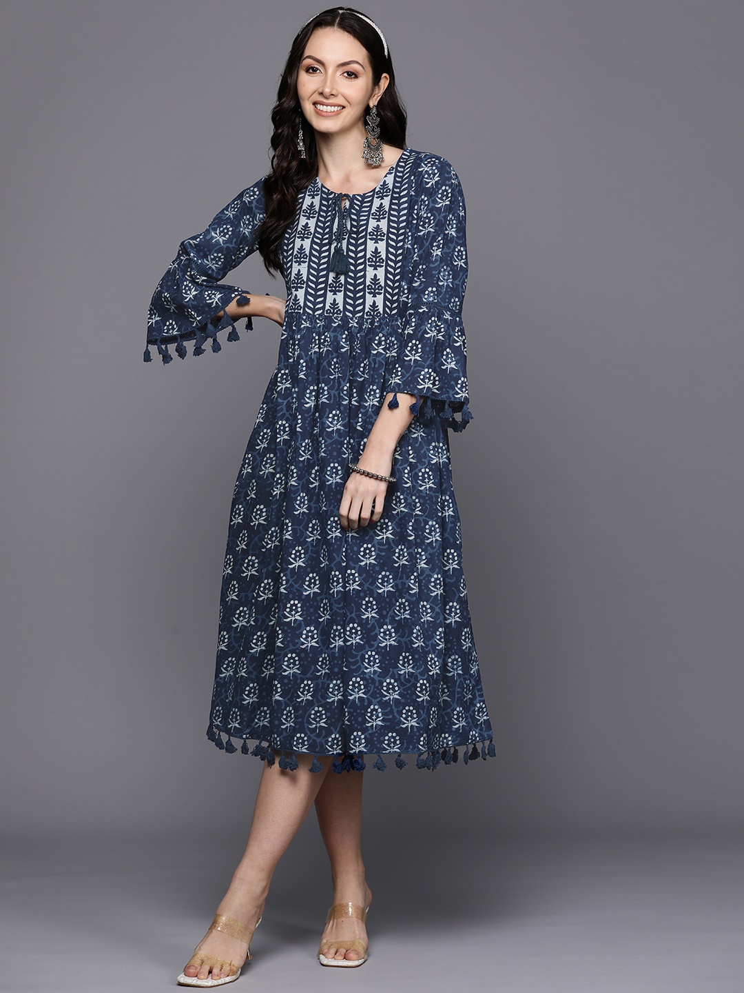 

Indo Era Ethnic Print Tie-Up Neck Bell Sleeves A-Line Midi Dress With Pom-Pom Detail, Navy blue