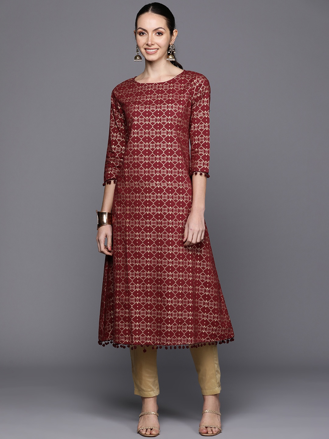 

Indo Era Ethnic Motifs Printed Pom-Pom Detail A-Line Kurta, Maroon
