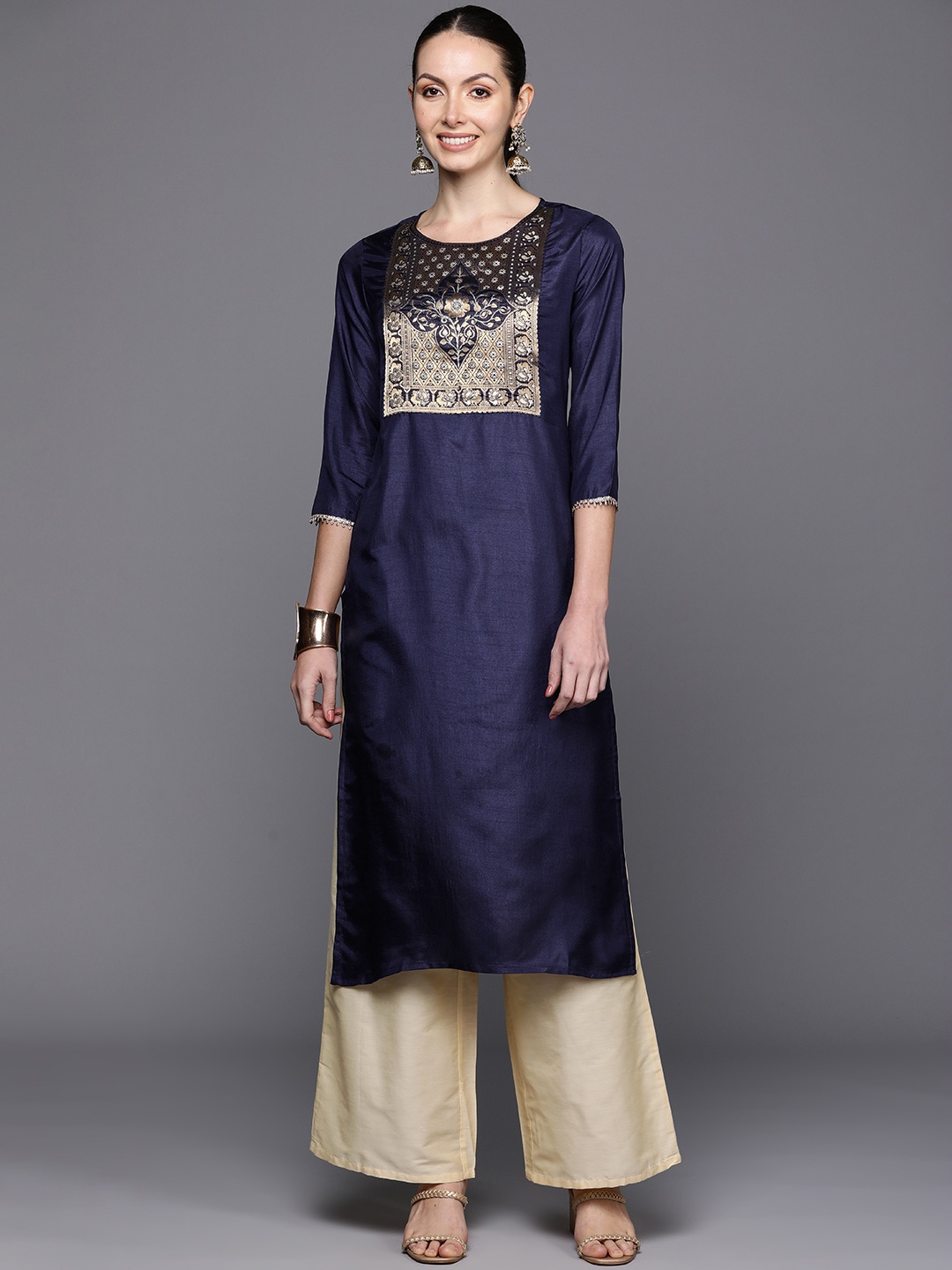 

Indo Era Ethnic Motifs Yoke Design Gotta Patti Detail Straight Kurta, Navy blue