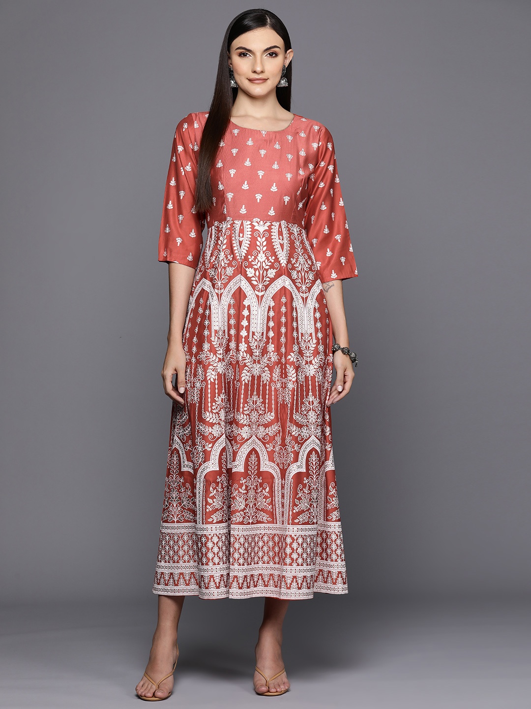 

Indo Era Ethnic Motifs Print Liva A-Line Midi Dress, Rust