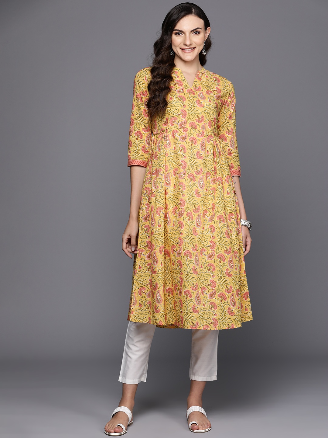

Indo Era Floral Printed Pure Cotton Empire Style A-Line Kurta, Yellow