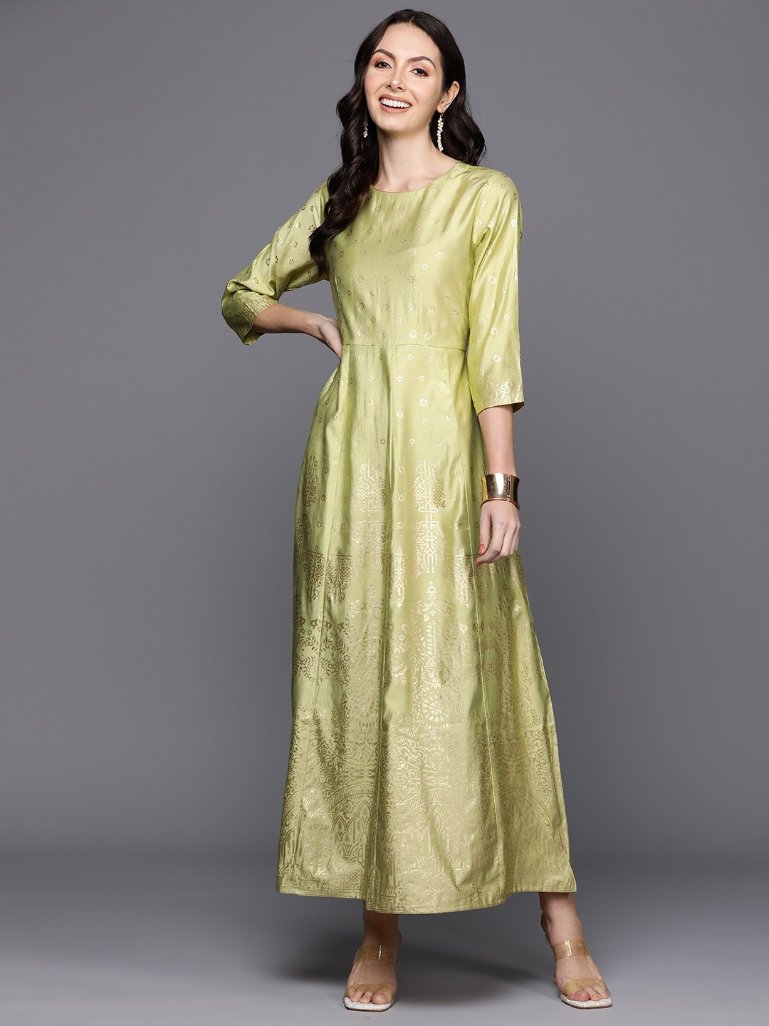 

Indo Era Floral Foil Print Liva A-Line Maxi Dress, Green