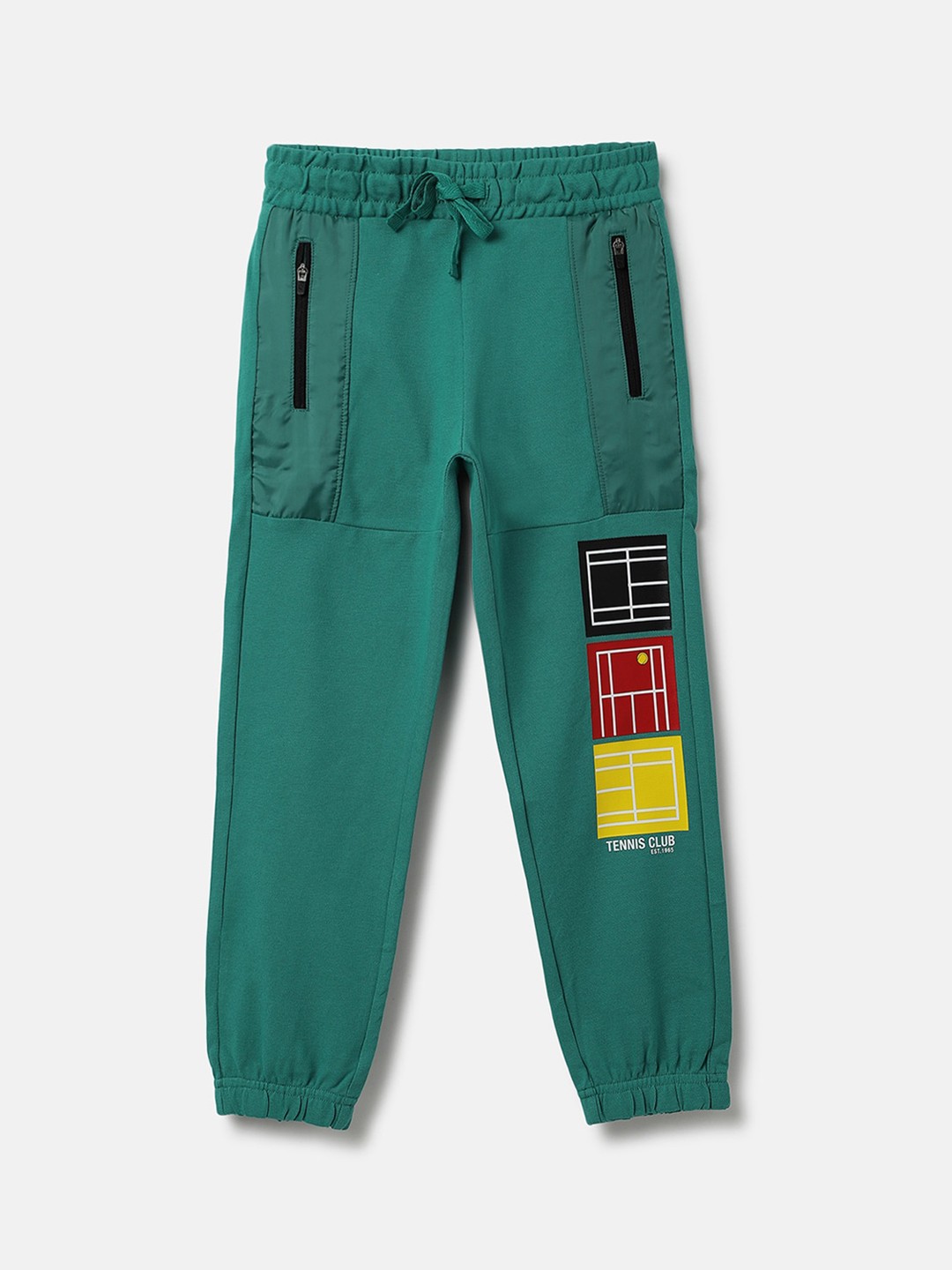 

United Colors of Benetton Boys Mid-Rise Geometric Printed Cotton Joggers, Green