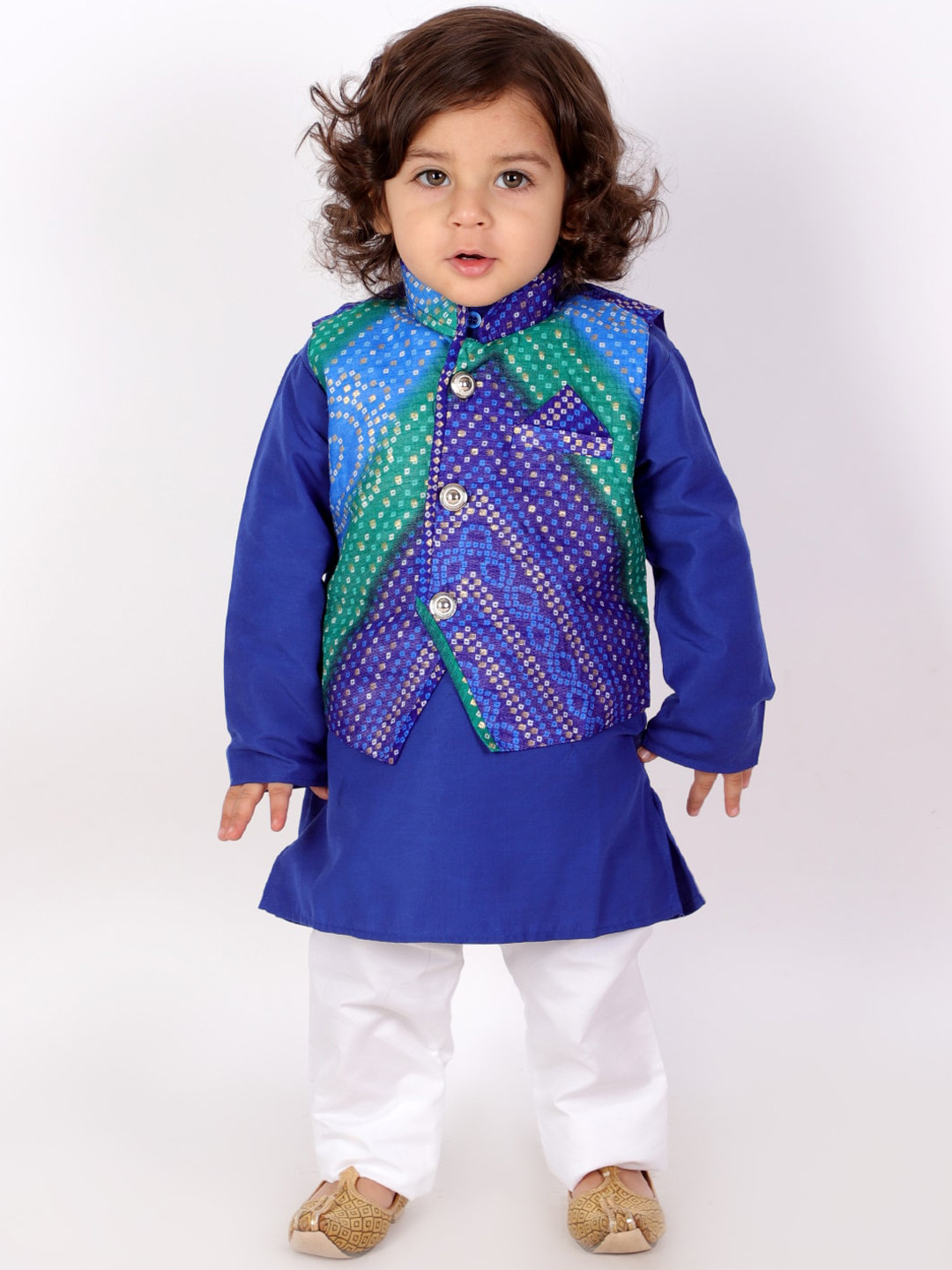 

KID1 Boys Mandarin Collar Kurta With Pyjamas & Nehru Jacket, Blue