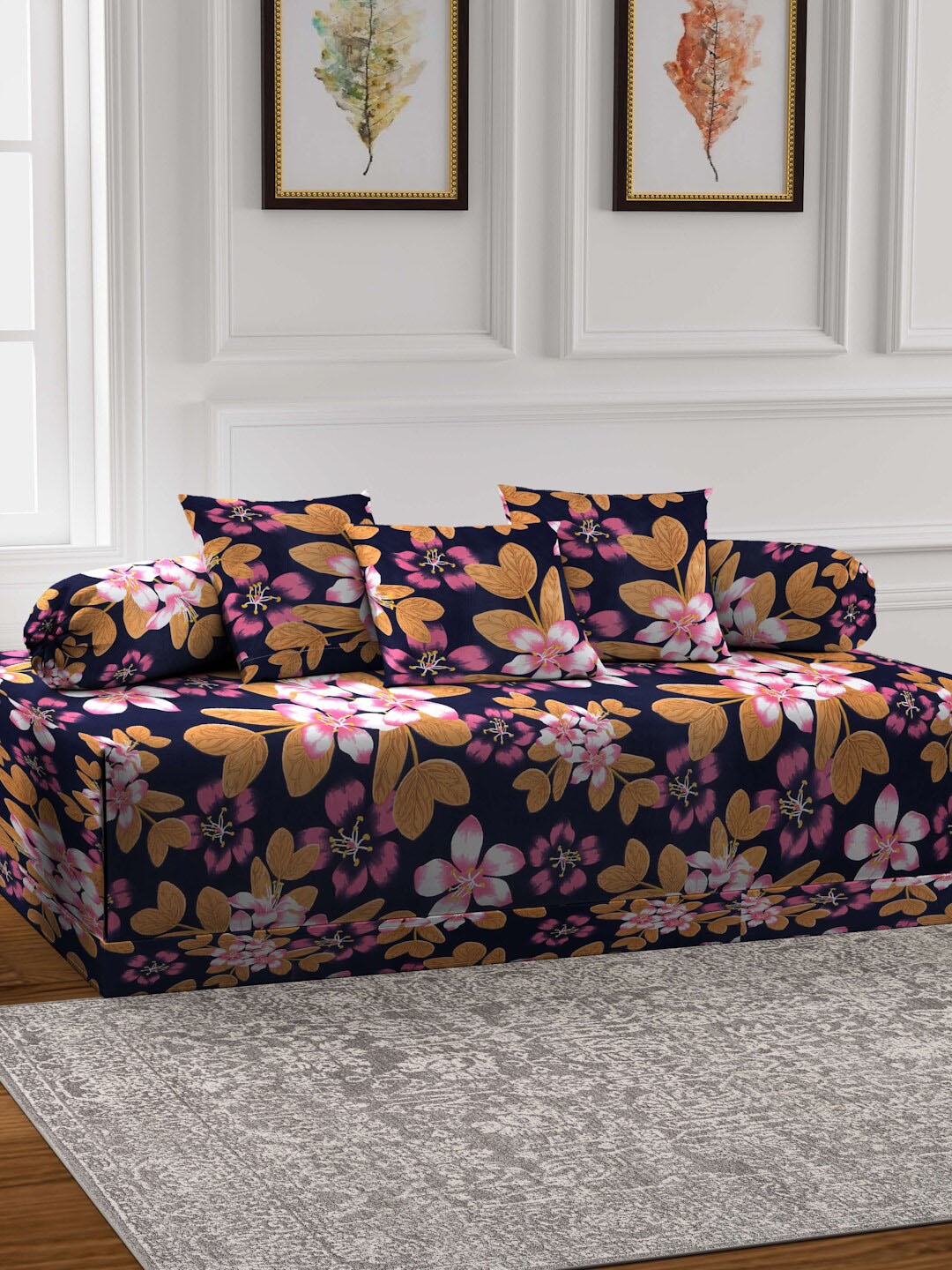 

FABINALIV Navy Blue & Pink 6 Pieces Floral Printed 300 TC Diwan Set