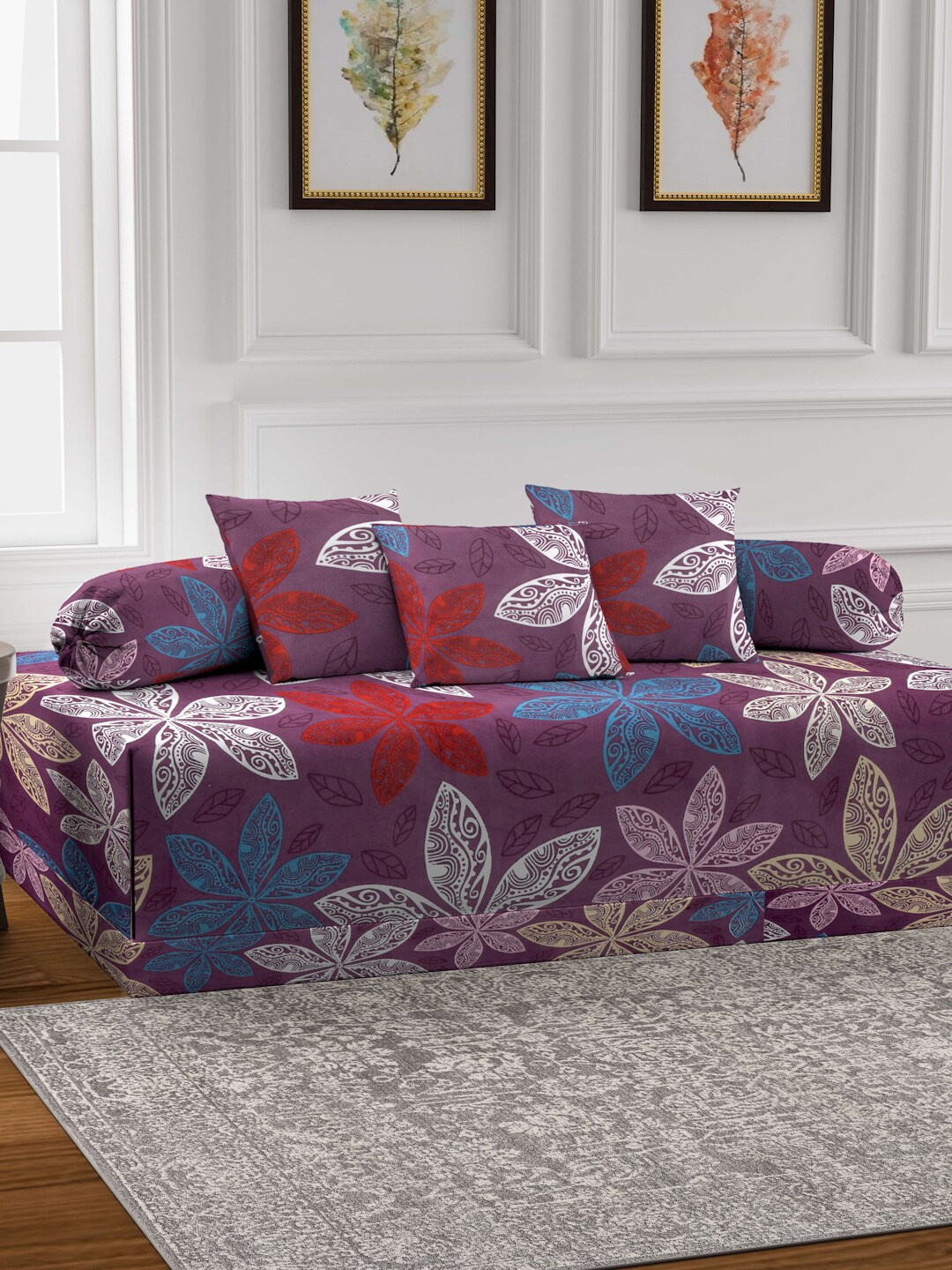 

FABINALIV Purple 6-Pieces Floral Printed 300 TC Diwan Set