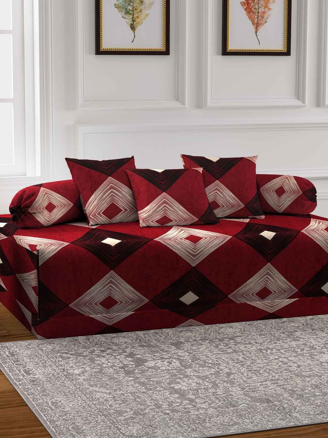 

FABINALIV Maroon 6 Pieces Geometric Printed 300 TC Diwan Set