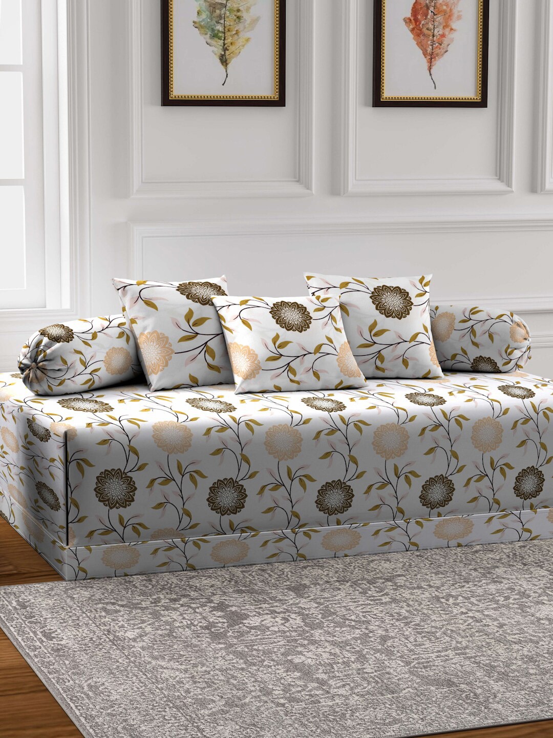 FABINALIV White & Green 6-Pieces Floral Printed 300 TC Diwan Set