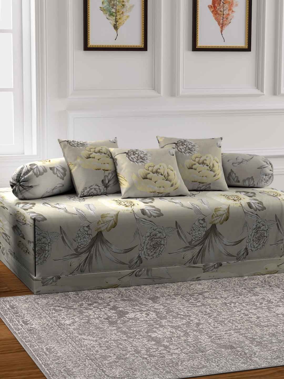 

FABINALIV Cream-Colored 6 Pieces Floral Printed 300 TC Diwan Set