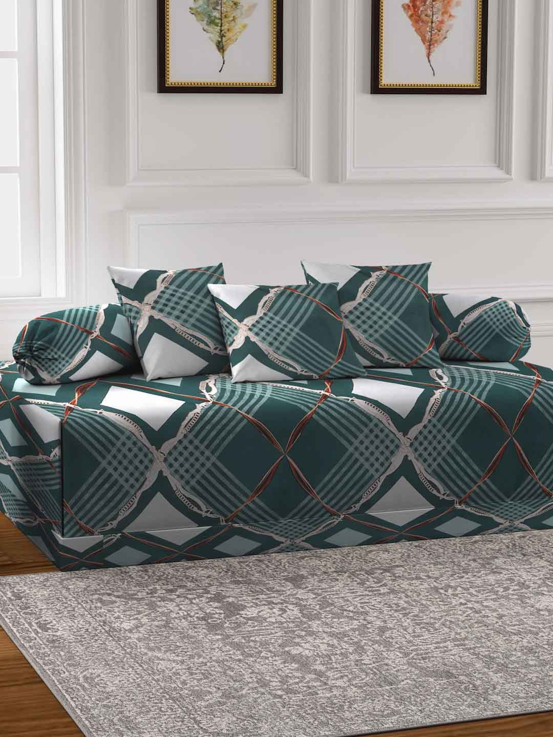 

FABINALIV Green 6-Pieces Geometric Printed 300 TC Diwan Set
