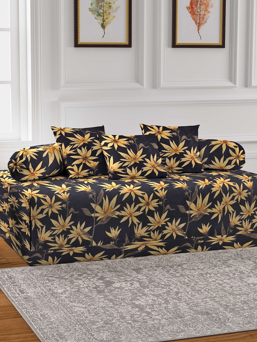 

FABINALIV Black 6-Pieces Floral Printed 300 TC Diwan Set