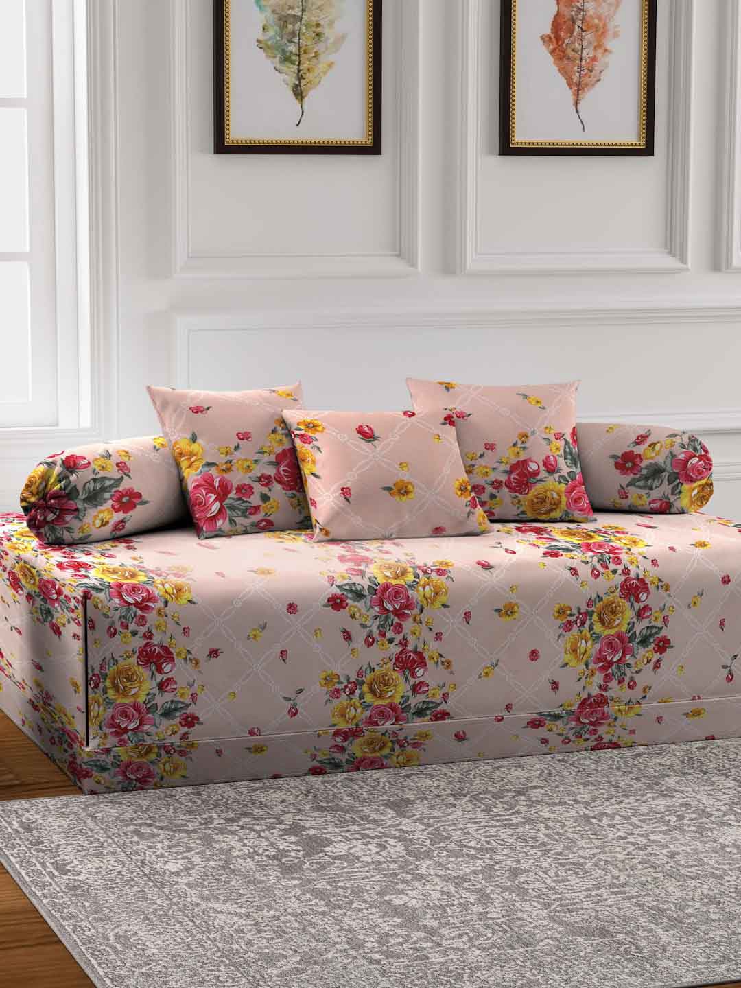 

FABINALIV Peach-Colored 6-Pieces Floral Printed 300 TC Diwan Set