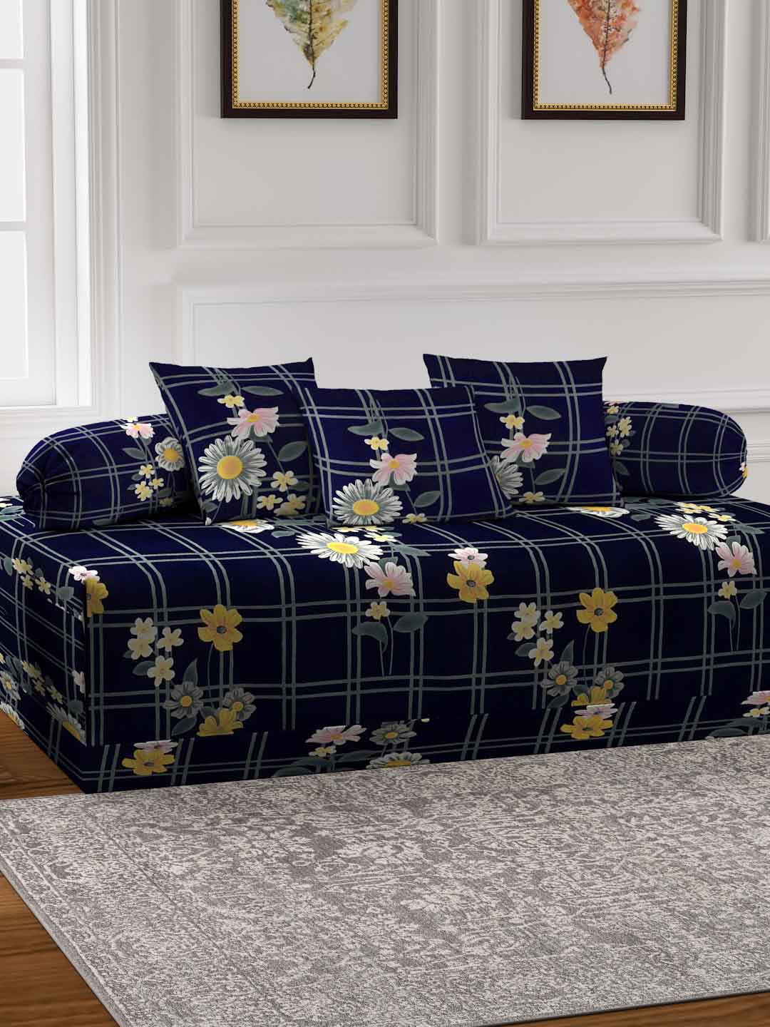 

FABINALIV Blue 6-Pieces Floral Printed 300 TC Diwan Set