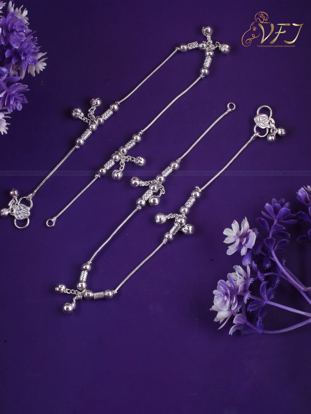 

Vighnaharta Textured Artificial Beaded Antique Anklets, Silver