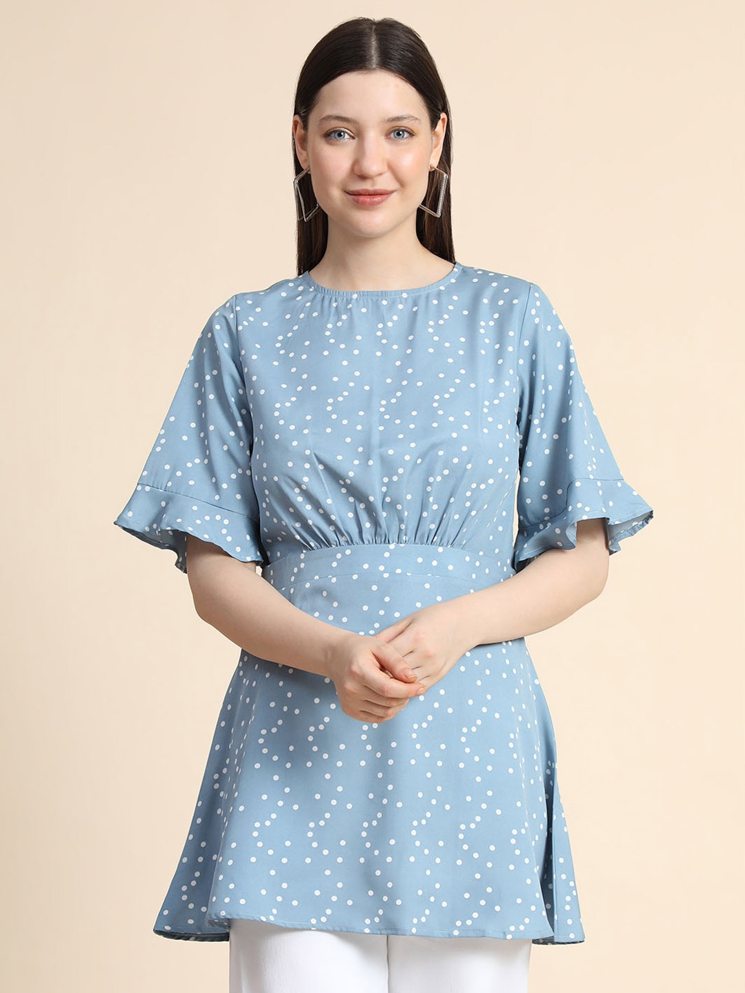 

KERI PERRY Polka Dot Printed Flared Sleeve Longline Top, Blue