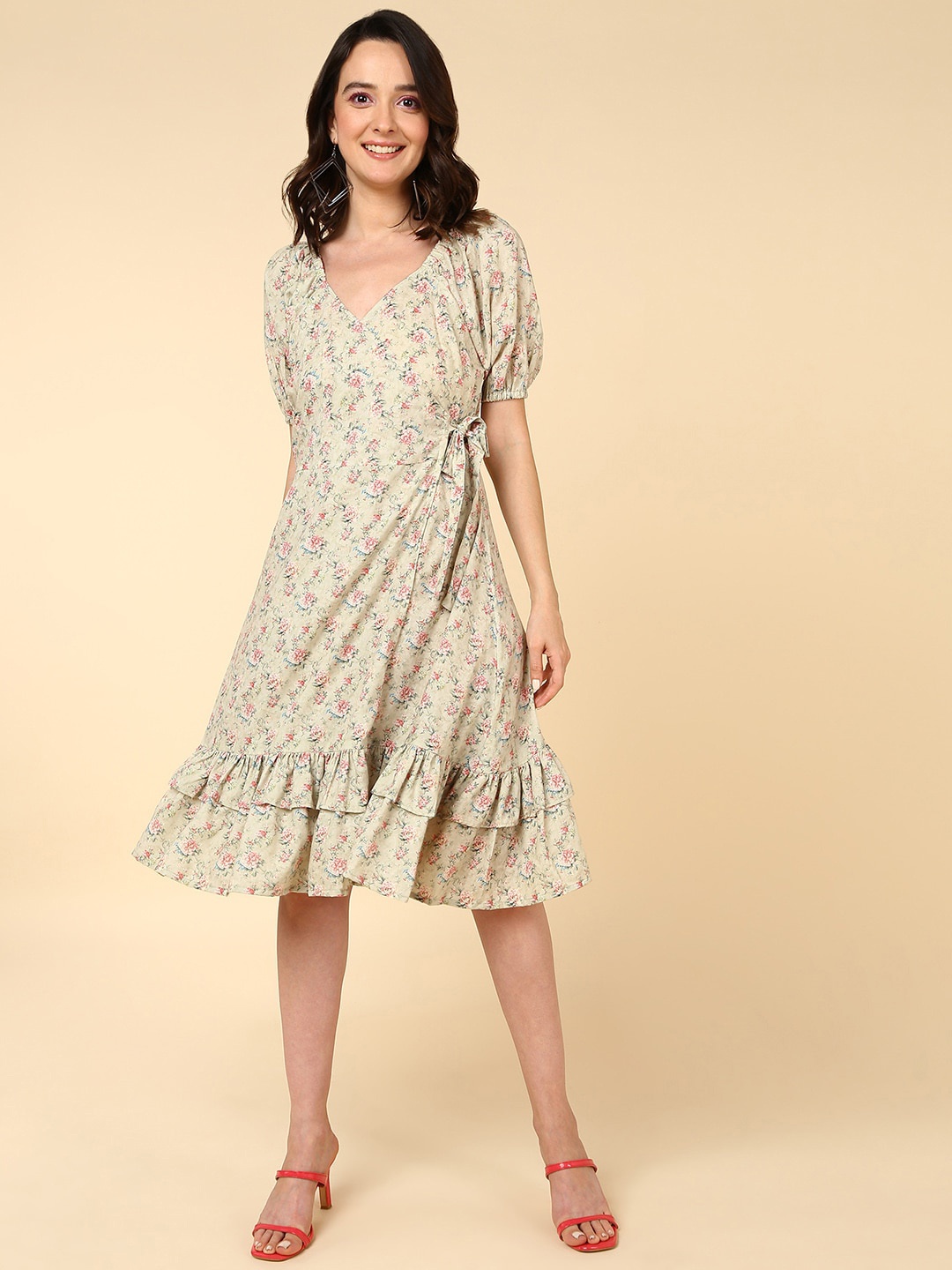 

Mast & Harbour Beige Floral Printed Wrap Dress