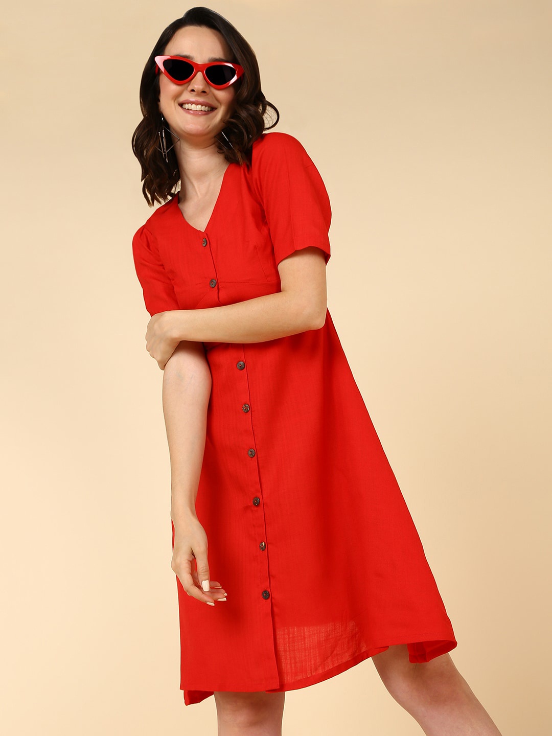 

Mast & Harbour Red Cotton A-Line Dress With Belt