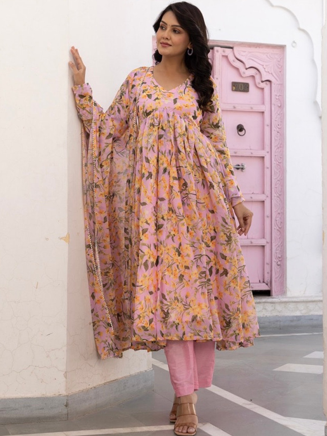 

OneWe Floral Printed Pleated Anarkali Kurta With Trousers & Dupatta, Pink