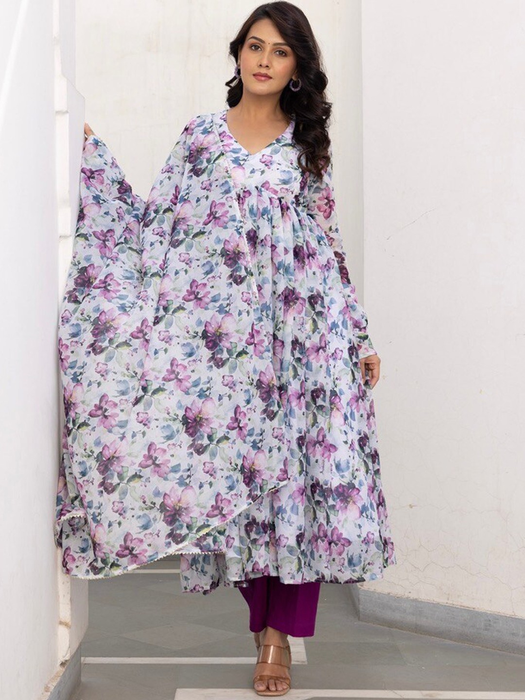 OneWe Floral Printed Pleated A-Line Silk Chiffon Kurta With Trousers & Dupatta, White