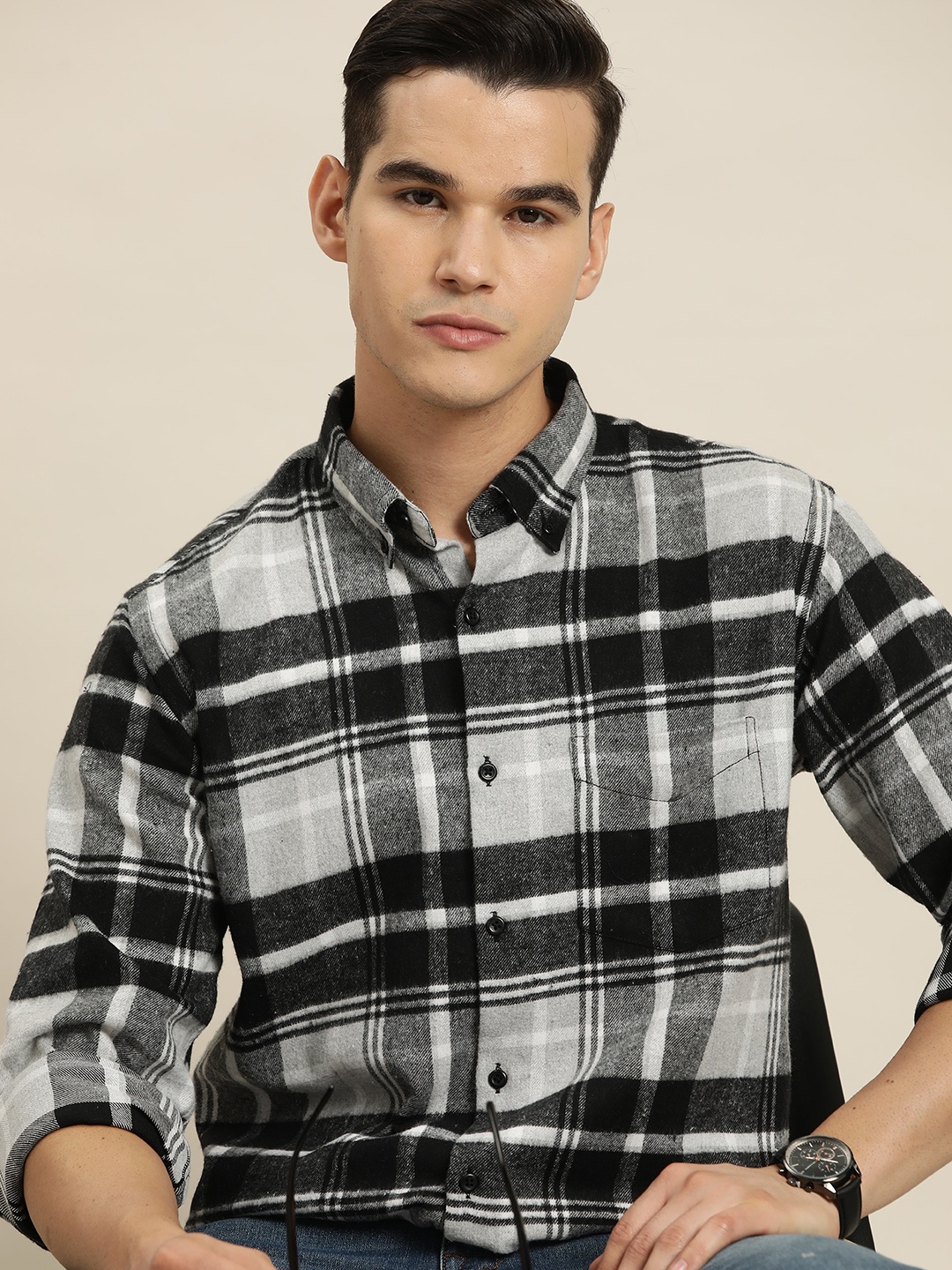 

Hancock Sport Tartan Checked Pure Cotton Slim Fit Monochrome Casual Shirt, Black