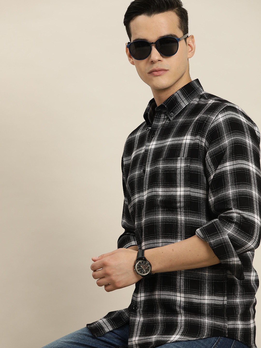

Hancock Sport Flannel Checked Pure Cotton Slim Fit Monochrome Casual Shirt, Black