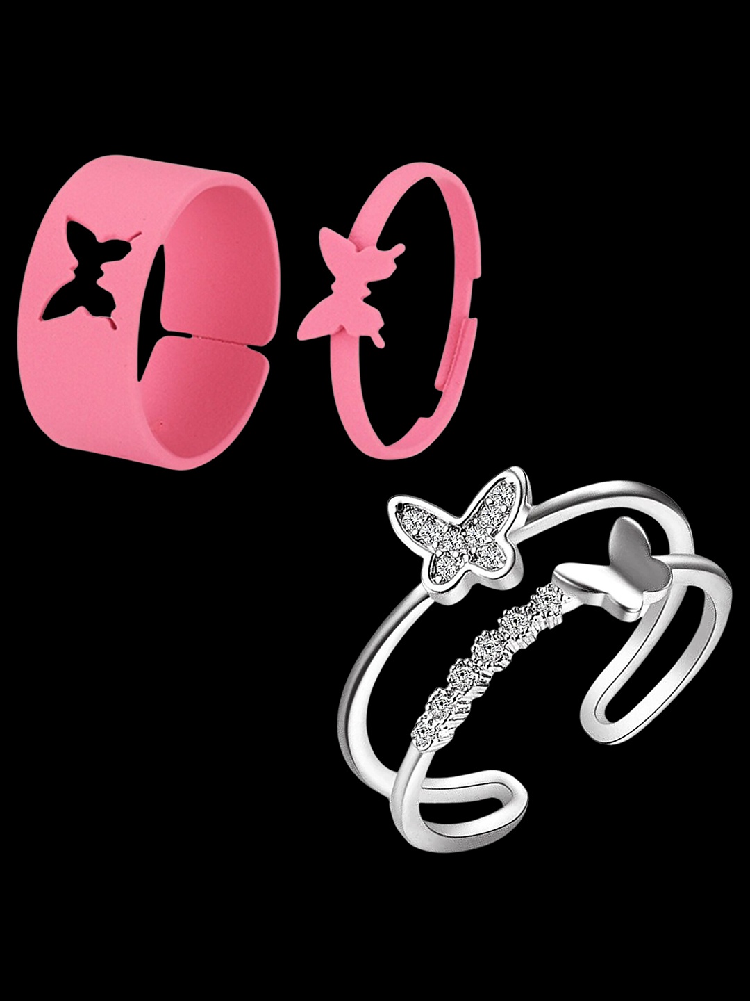 

Pinapes Set Of 3 Butterfly Shaped Detail Rings, Pink
