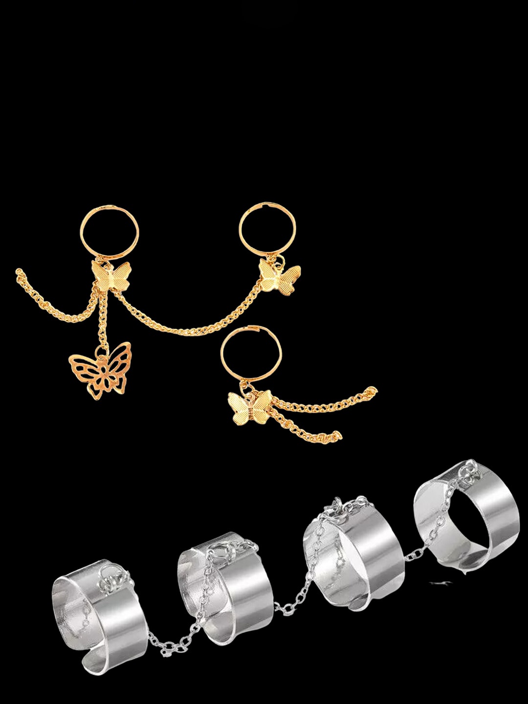 Pinapes Set Of 2 Butterfly & Round Shaped Detail Finger Rings, Gold