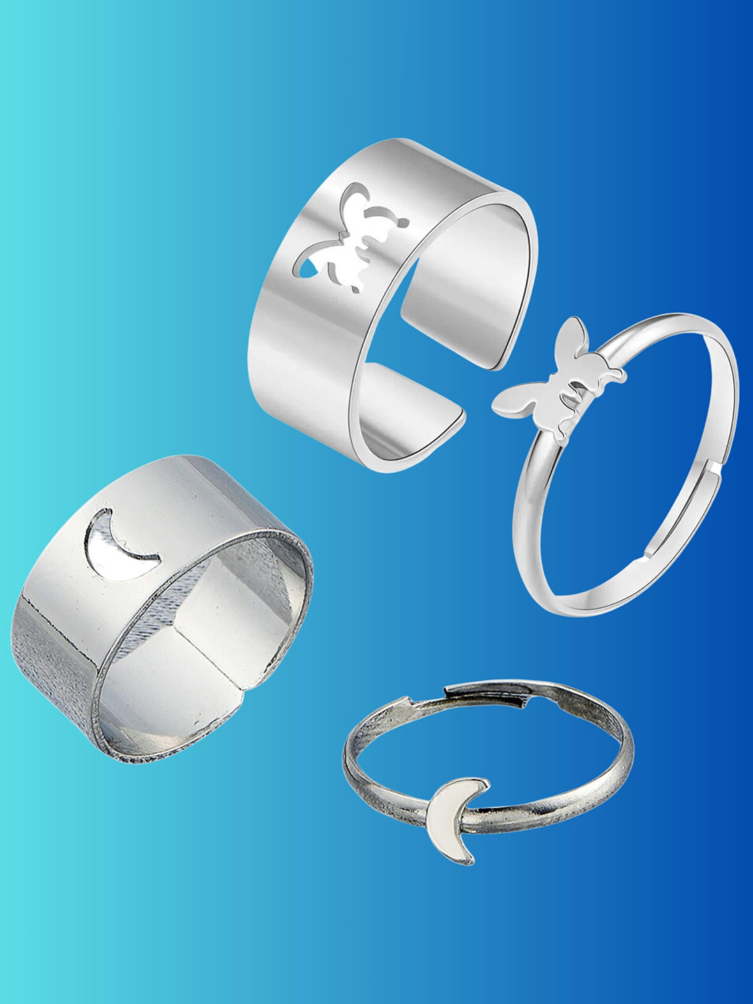 

Pinapes Set Of 4 Silver plated Butterfly & Moon Shaped Detail Finger Ring