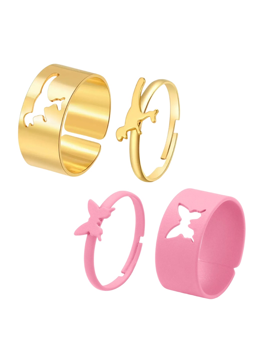 Pinapes Set Of 4 Butterfly & Dinosaur Shaped Detail Finger Rings, Gold
