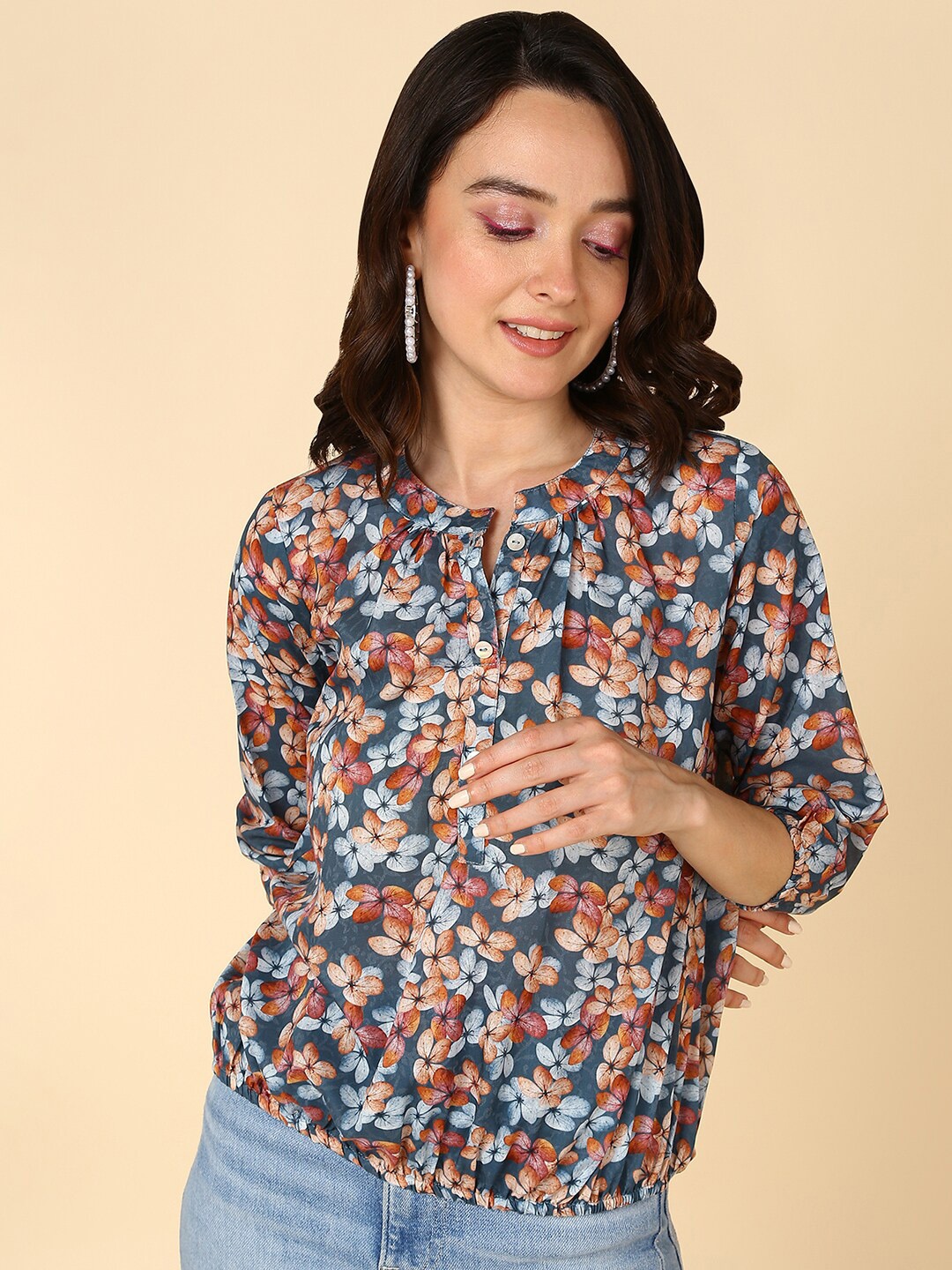 

Mast & Harbour Blue Floral Printed Mandarin Collar Three-Fourth Sleeve Top