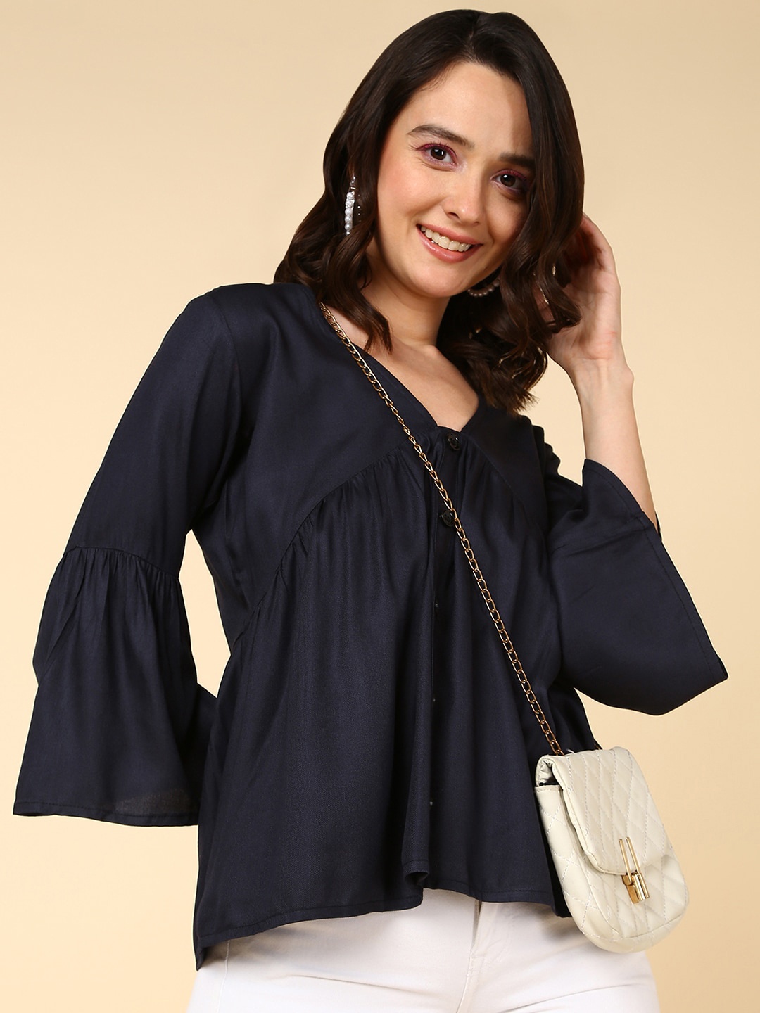 

Mast & Harbour Black V-Neck Three-Fourth Bell Sleeve Casual Top