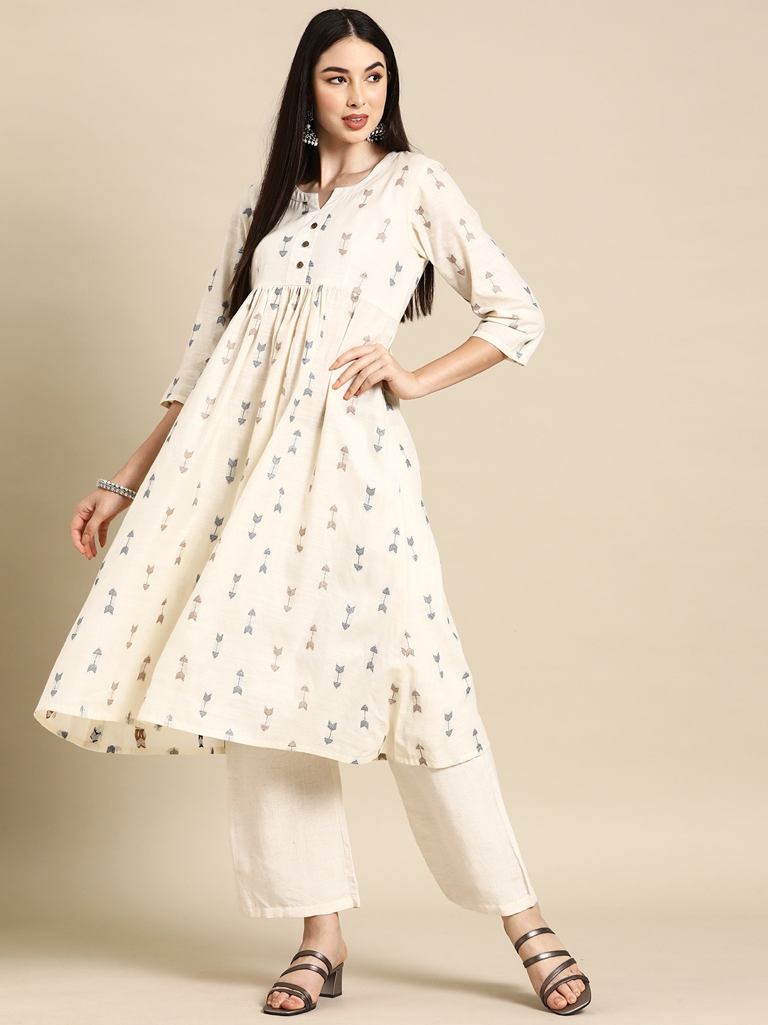 

FASHOR Women Pleated Pure Cotton A-Line Kurta with Palazzos, Off white
