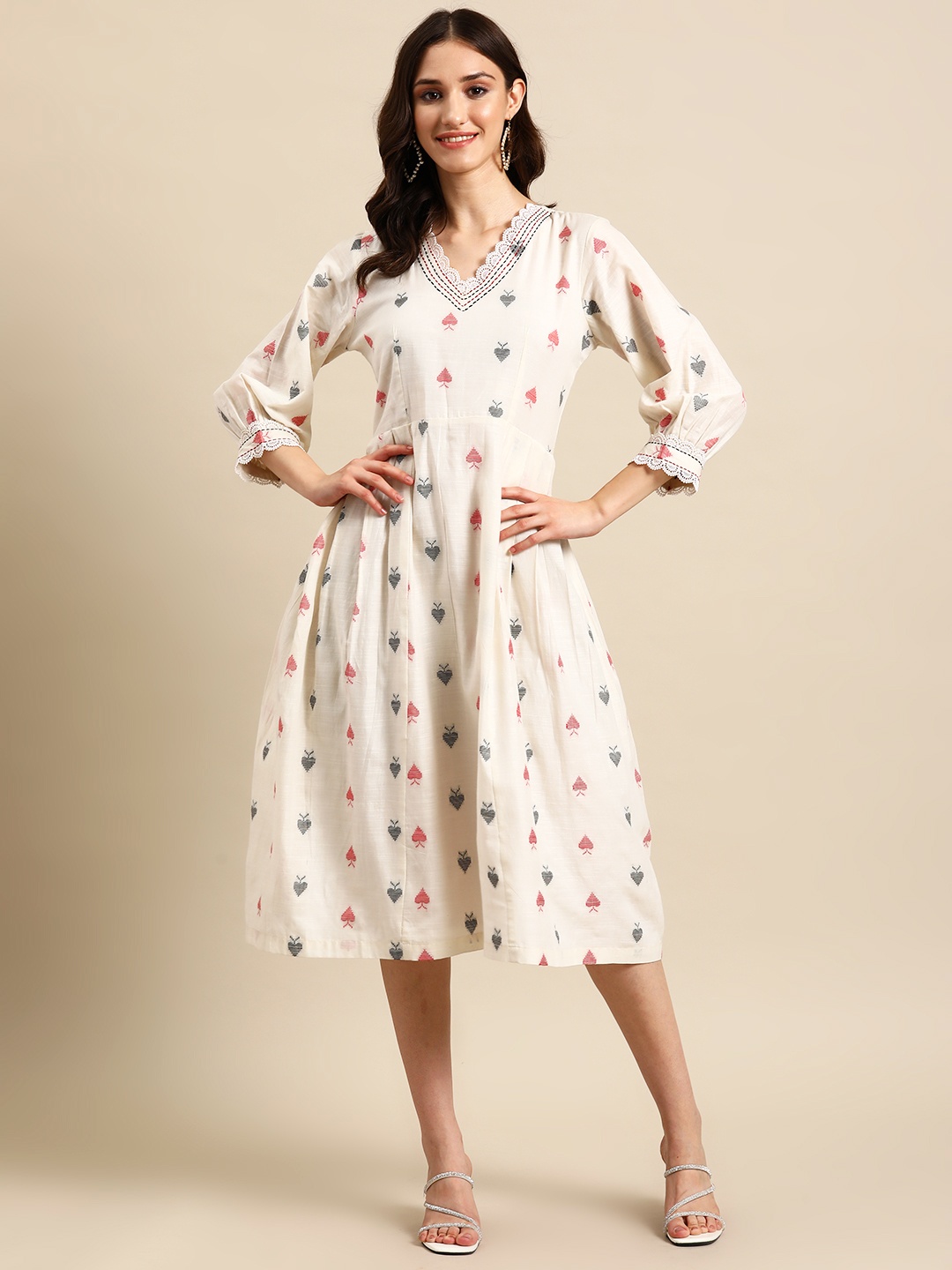 

FASHOR Ethnic Motifs Print Puff Sleeve Kantha Work Cotton A-Line Midi Dress, Off white