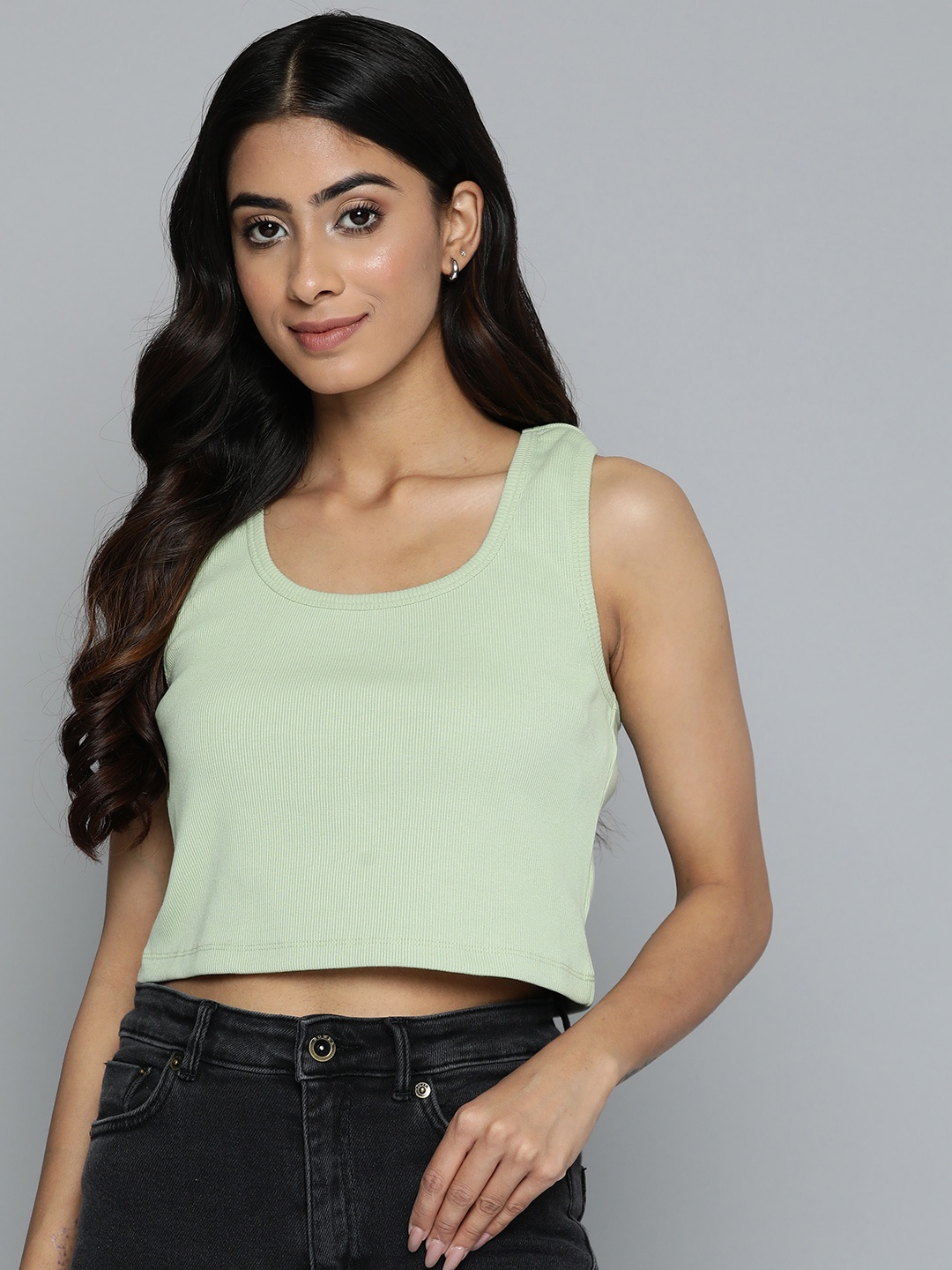 

HERE&NOW Ribbed Racer Back Crop Tank Top, Green