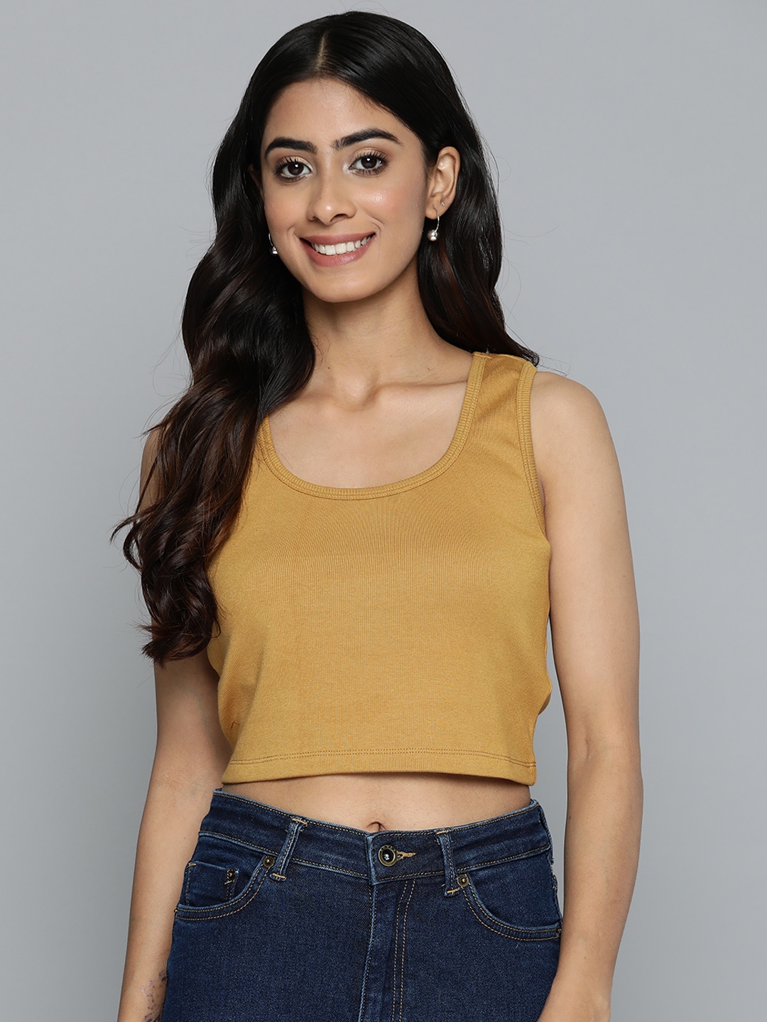 

HERE&NOW Ribbed Racer Back Crop Tank Top, Mustard